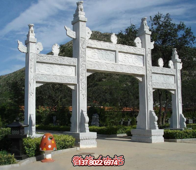 精致園林景觀，漢白玉華表浮雕祥云門樓石牌坊