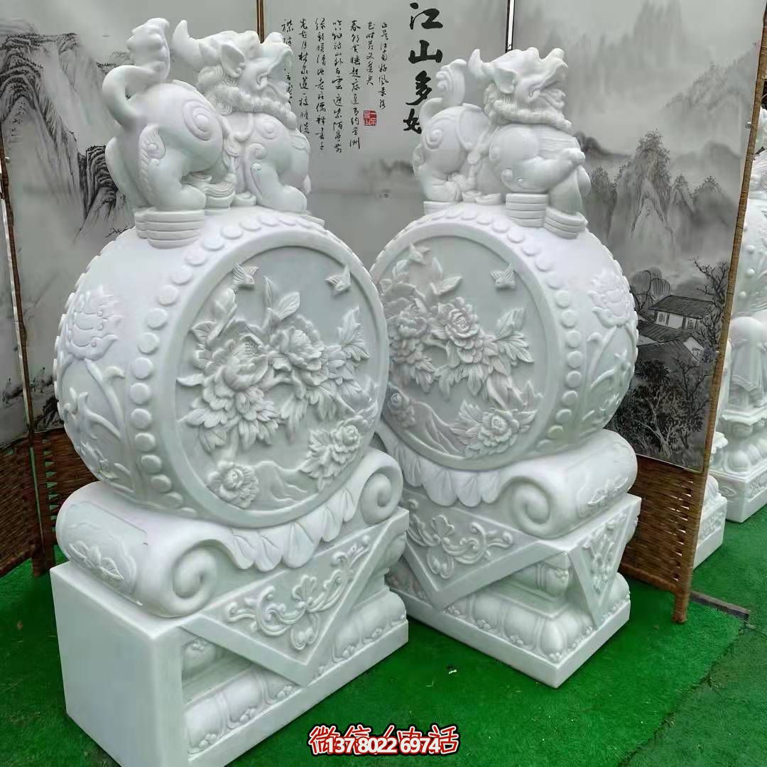 天然優(yōu)質(zhì)漢白玉浮雕麒麟抱鼓石，裝點你的庭院門口