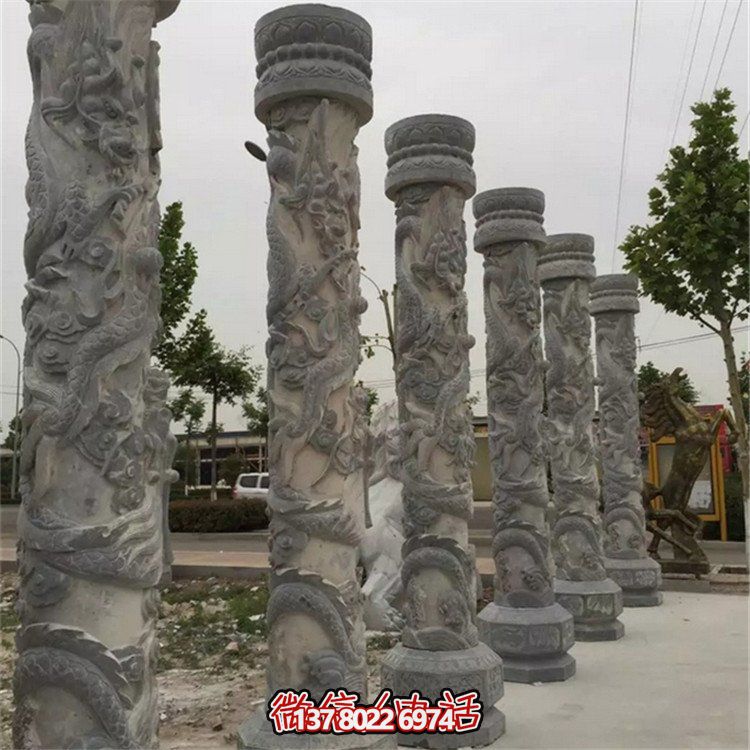 天然大理石浮雕龍盤柱，裝飾園林廣場的精美擺件