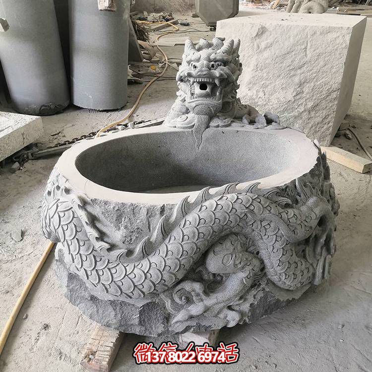 仿古石缸水缸青石龍形浮雕雕塑，為您的庭院增添一抹古樸