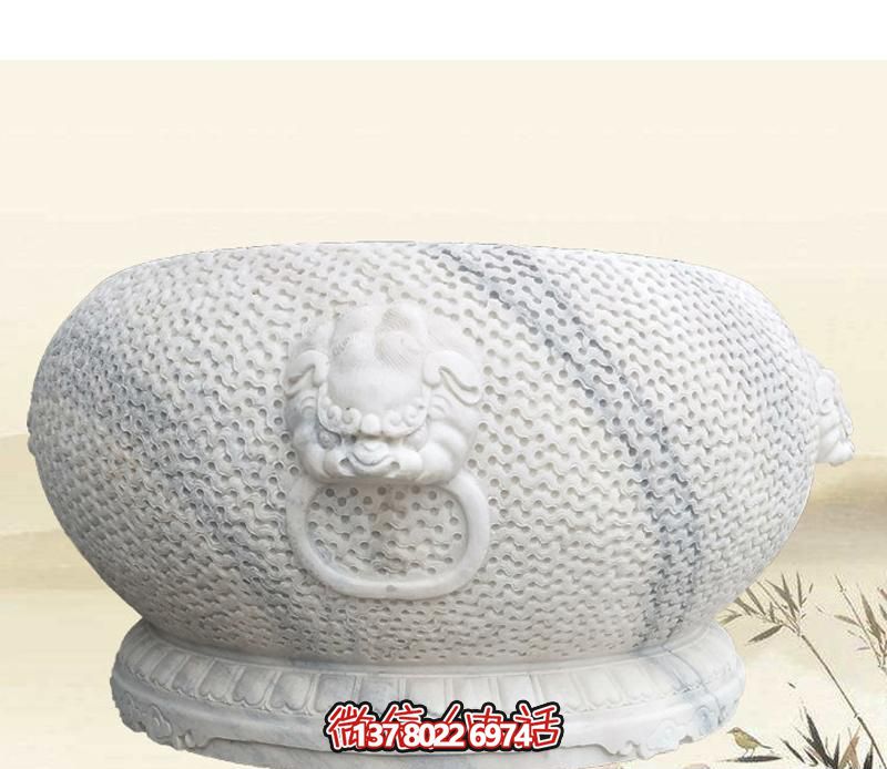 精美狴犴圓形雕塑，點(diǎn)綴庭院水缸浮雕