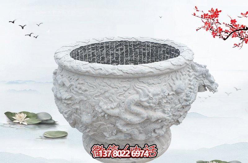漢白玉石雕龍浮雕水缸雕塑，為庭院增添優(yōu)雅氣息