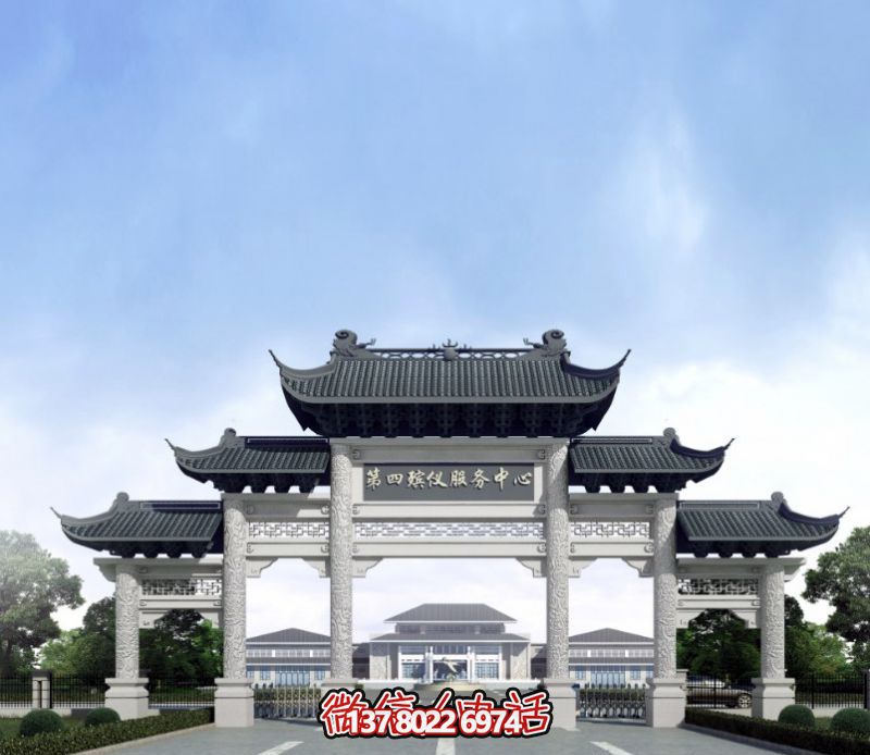 一座新式殯儀館五門景觀、青瓦斗拱、牌樓等高雅裝飾